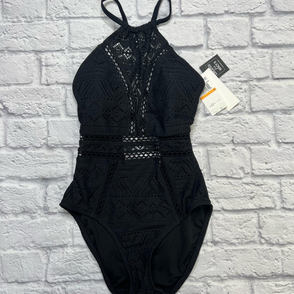 Salt + Cove Juniors Crochet Overlay One Piece Swimsuit Black Size S High Neck - Picture 2 of 6